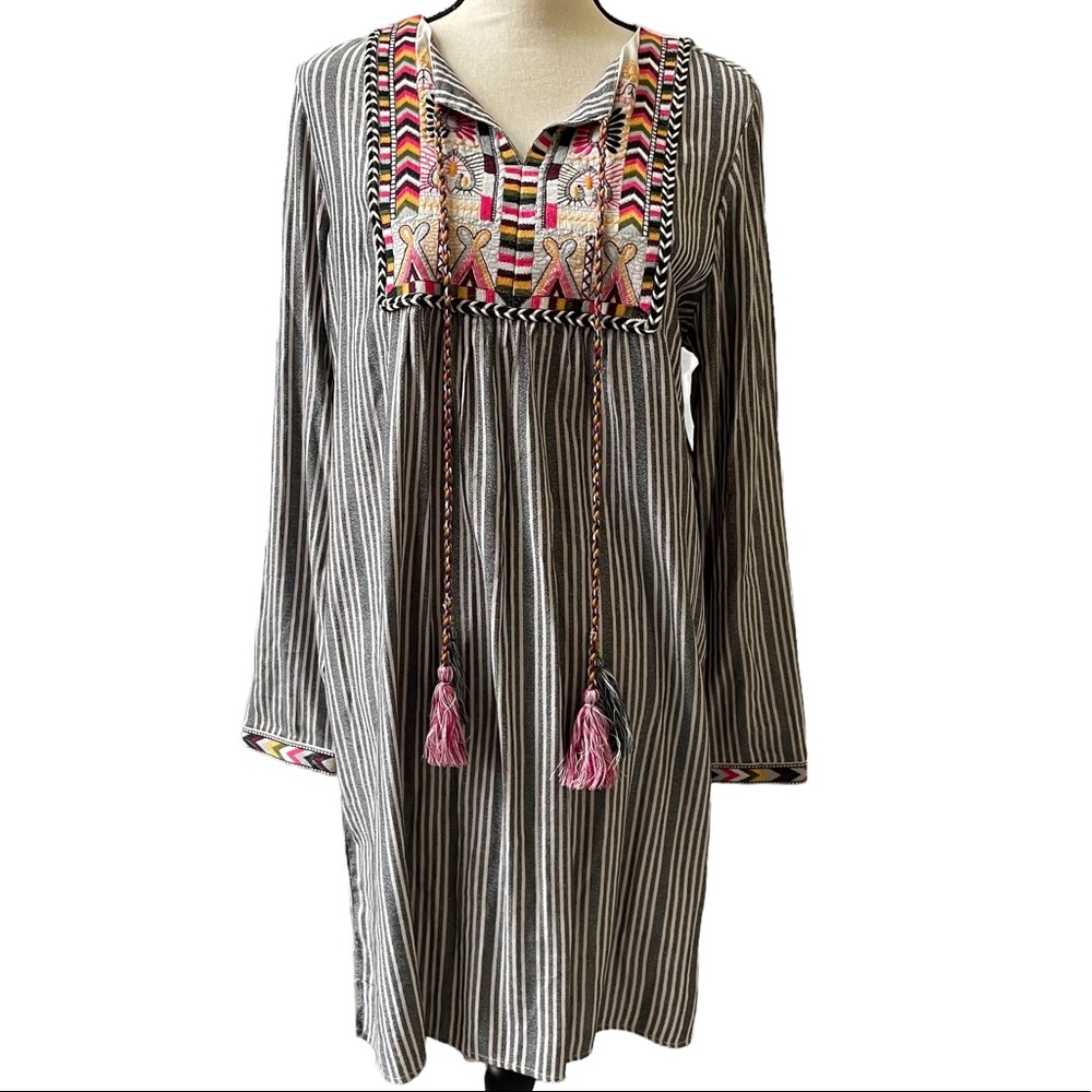 Philosophy Striped Gray Tunic Dress with Pink Embroidered Yoke